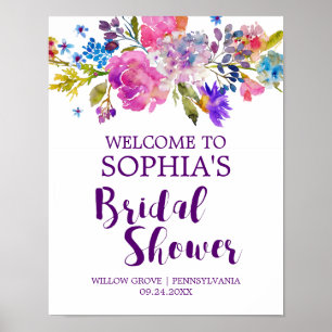 Poster Fête des mariées rose et bleu violet Bienvenue
