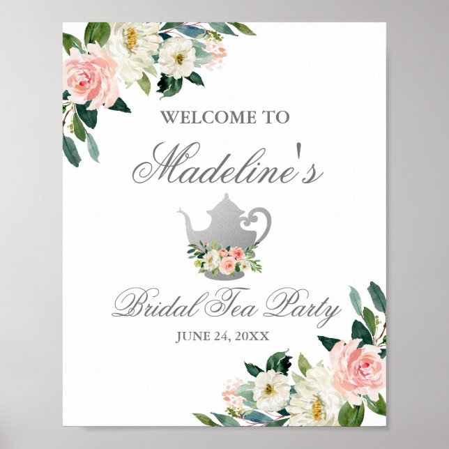 Poster Fête des mariées rose Floral Tea Party Argent Bien (Devant)