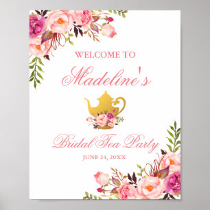 Poster Fête des mariées rose Floral Tea Party Bienvenue