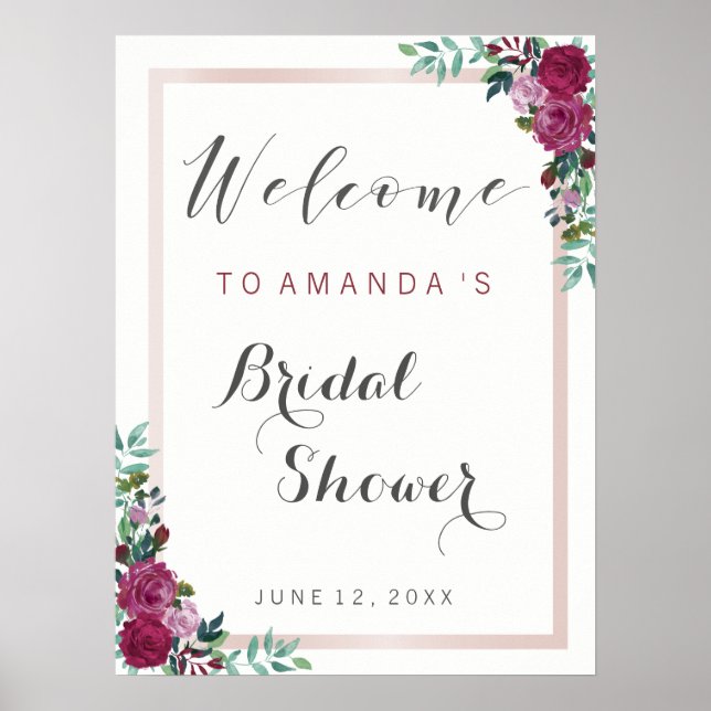 Poster Fête des mariées signe d'accueil | florale bordeau (Devant)