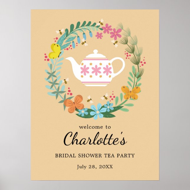 Poster Fête des mariées Tea Party Floral Wreath Bienvenue (Devant)
