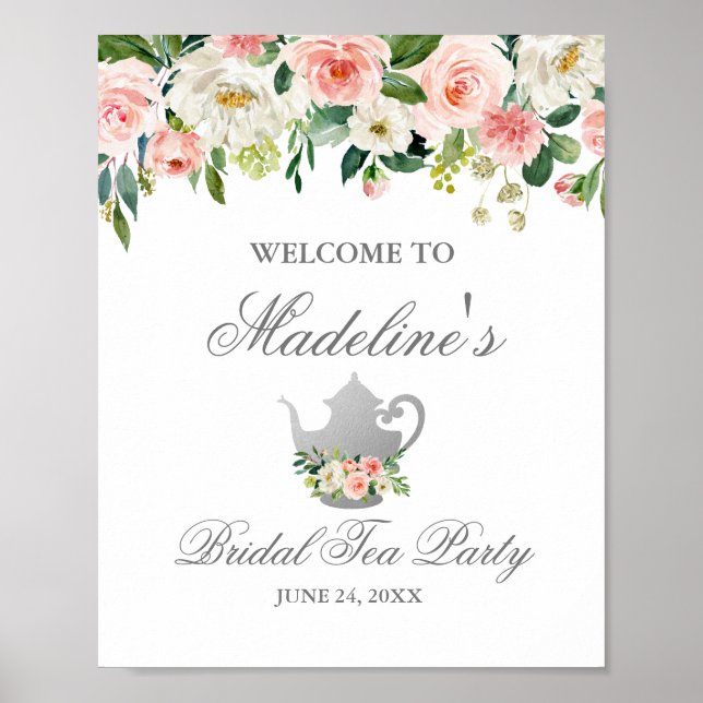Poster Fête des mariées Tea Party Rose Floral Argent Bien (Devant)