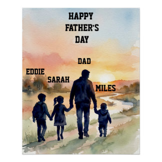 Poster Fête des Pères Aquarelle Famille Coucher de soleil