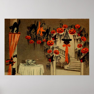 Poster Fête d'Halloween Citrouille Lanterne Jack Chat Noi