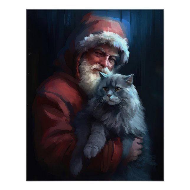 Poster Fête du Père Noël du chat bleu russe (Devant)
