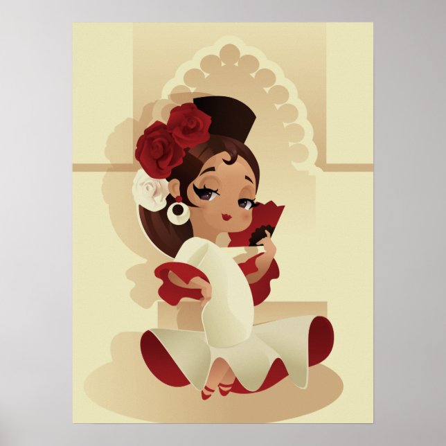 Poster Fête espagnole de flamenco chibi dessin animé fill (Devant)