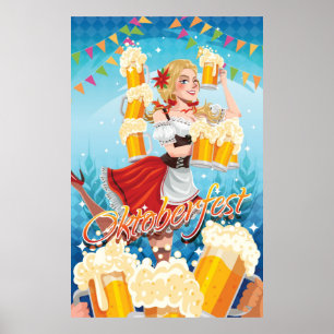 Poster Fête Oktoberfest Maid en rouge avec des bières