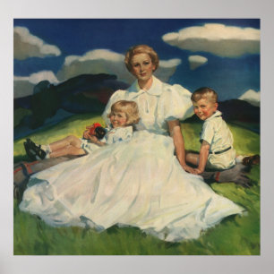 Poster Fête vintage des mères, maman avec enfants