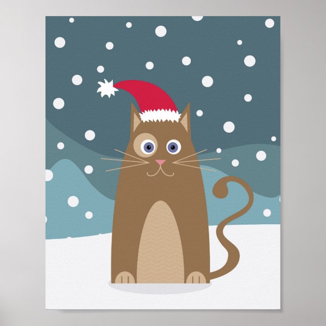 Poster Fêtes de Noël d'hiver père Noël chat animal de com (Devant)