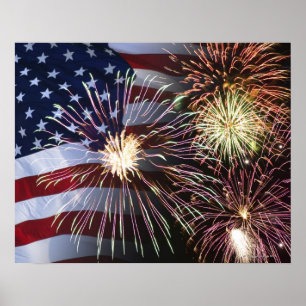 Poster Feu d'artifice et drapeau américain