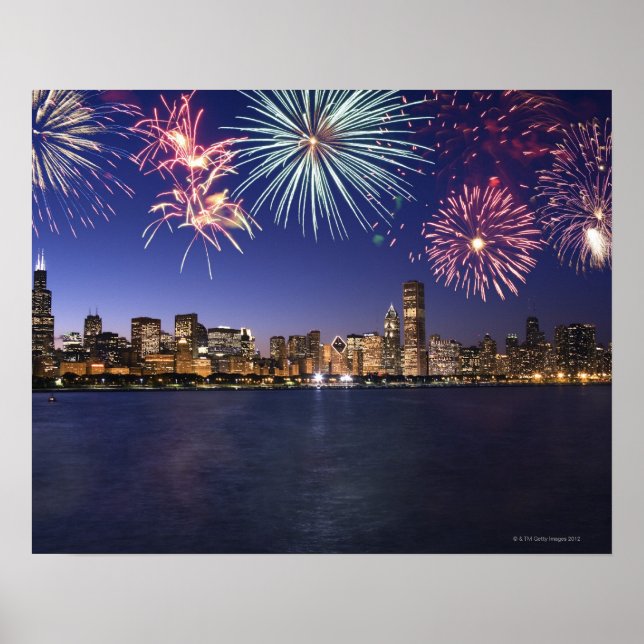 Poster Feu d'artifice sur l'horizon de Chicago 2 (Devant)