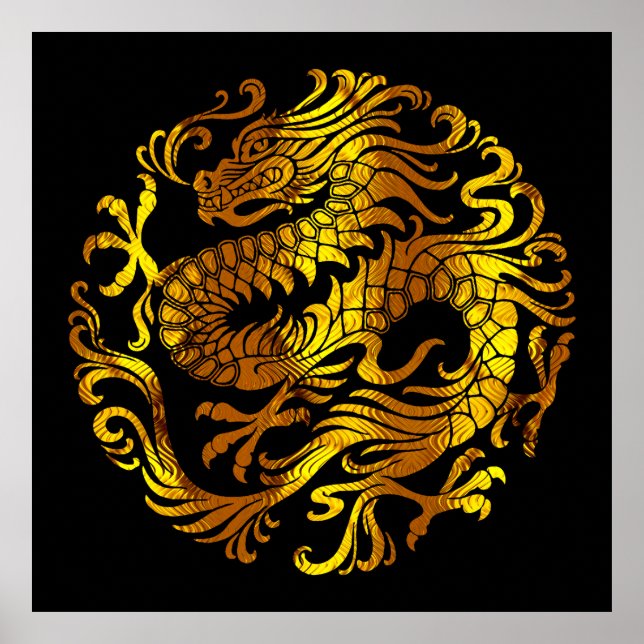 Poster Feu Doré : Gravure d'un Dragon (Devant)