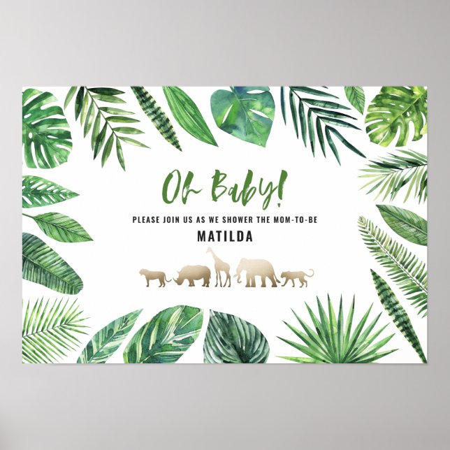Poster Feuillage tropical + animaux d'or baby shower (Devant)