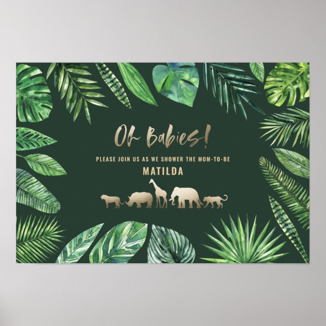 Poster Feuillage tropical + baby shower jumeau d'animaux  (Devant)