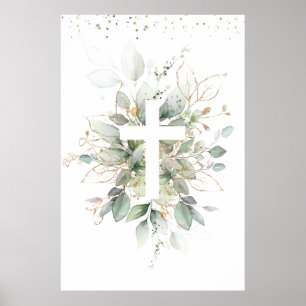 Poster Feuillage verdure Croix Baptême de bébé