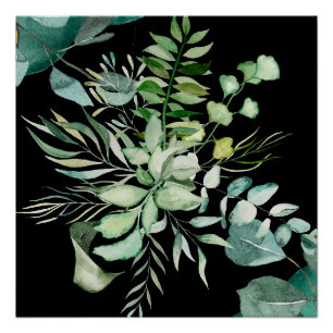 Poster Feuillage Vert Élégant Aquarelle, Fond Noir