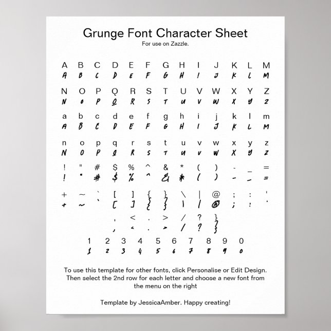 Poster Feuille de caractères Grunge Font pour Zazzle (Devant)