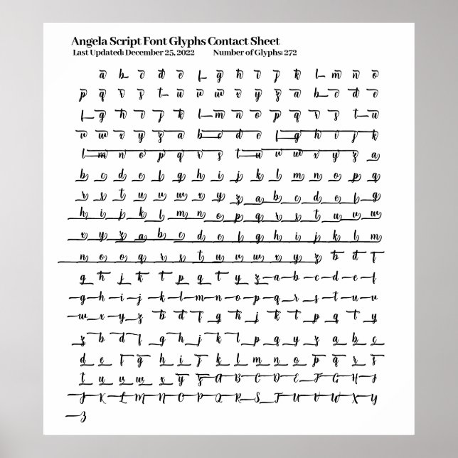 Poster Feuille de contact Angela Script Font Glyphes (Devant)