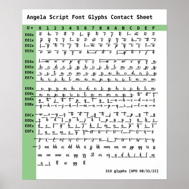 Poster Feuille de contact Angela Script Font Glyphes (Devant)