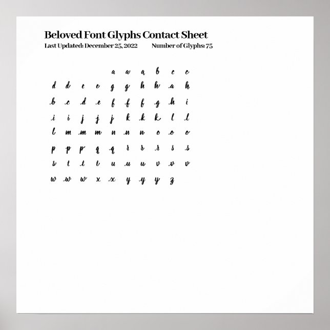 Poster Feuille de contact Glyphes de police bien-aimée (Devant)