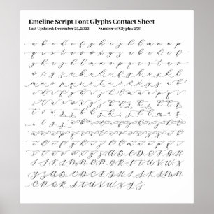 Poster Feuille de contact Glyphes de police de script de 