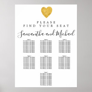 Poster Feuille d'or Coeur Mariage à 7 tables