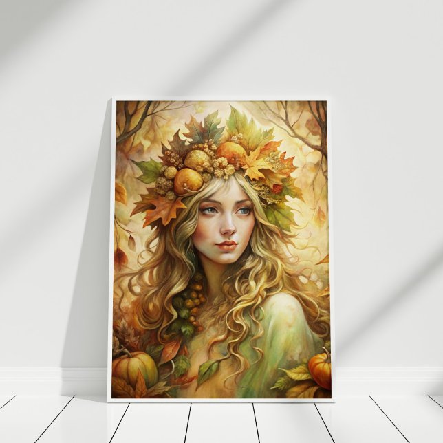 Poster Feuille d'or - Ethereal Automne Wall Art Imprimer (Golden Leaf Fairy – Ethereal Autumn Wall Art Print in a white wooden frame)