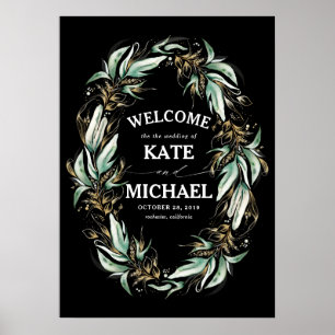 Poster Feuille d'or vert Mariage noir Bienvenue
