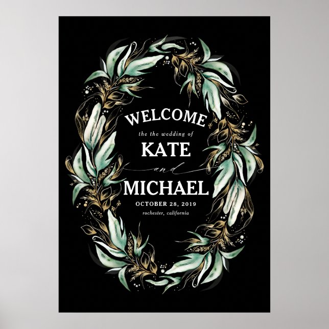 Poster Feuille d'or vert Mariage noir Bienvenue (Devant)