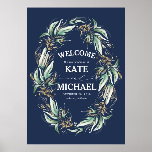 Poster Feuille d'or Vert Marine Mariage bleu Bienvenue (Devant)