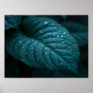 Poster Feuille Macro Sombre Turquoise Avec Gouttelettes d
