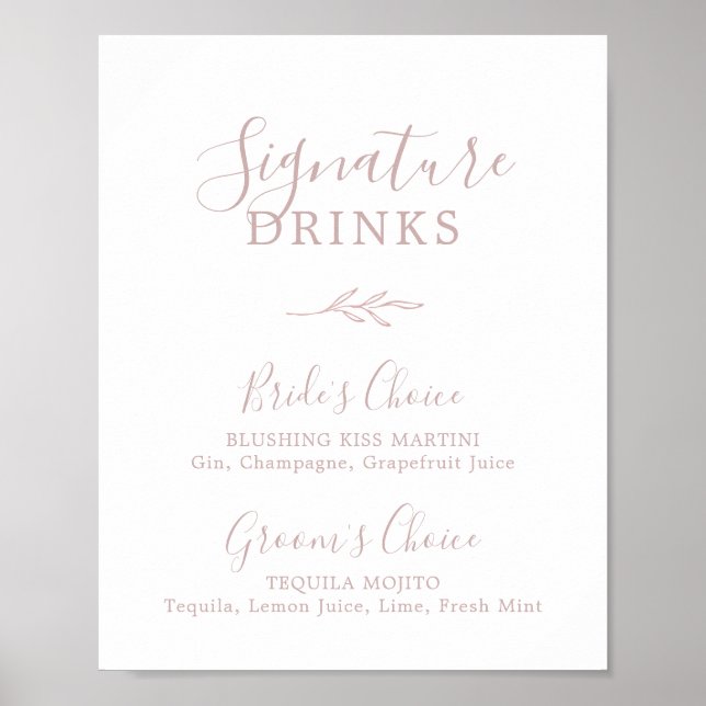 Poster Feuille minimale | Signature Rose Dusty Boissons S (Devant)