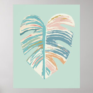 Poster Feuille Monstera - Turquoise, Vert, Corail, Moutar