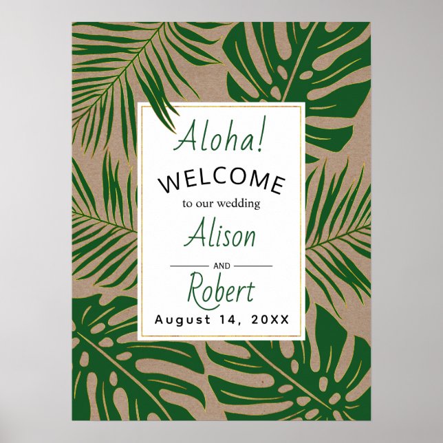 Poster Feuille tropicaux vert et or mariage accueil (Devant)