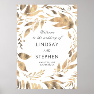 Poster Feuilles blancs et or Laurel Mariage Bienvenue