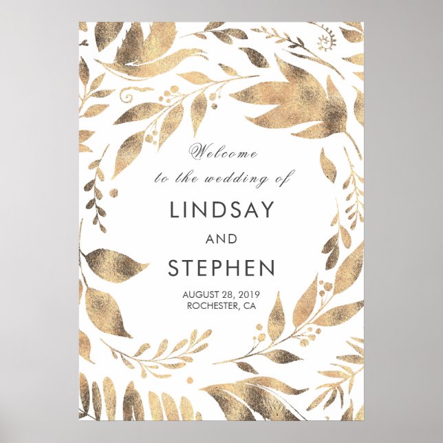 Poster Feuilles blancs et or Laurel Mariage Bienvenue (Devant)