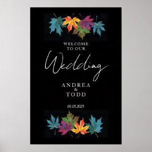 Poster Feuilles d'automne noir contraste mariage accueil