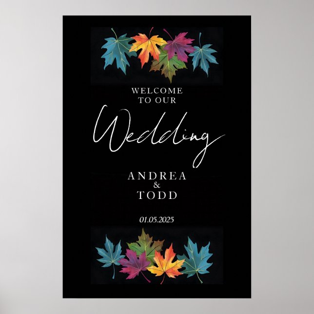 Poster Feuilles d'automne noir contraste mariage accueil (Devant)
