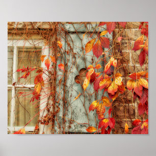 Poster Feuilles d'automne Rouge Orange Pays Antique Fenêt