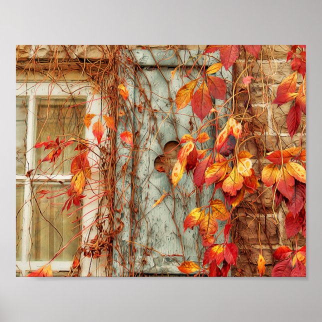 Poster Feuilles d'automne Rouge Orange Pays Antique Fenêt (Devant)
