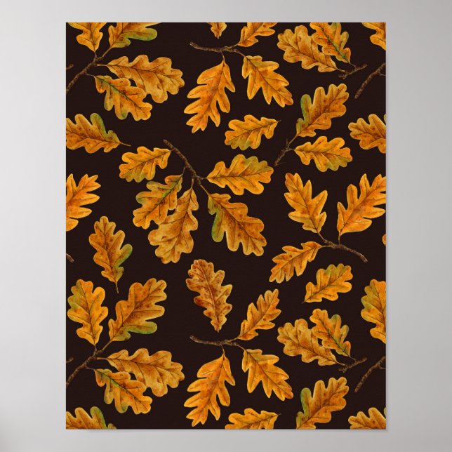 Poster Feuilles de chêne automnal sur brun foncé (Devant)
