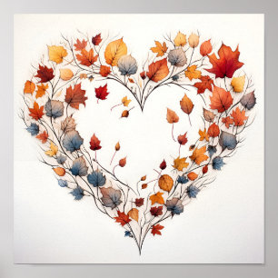 Poster feuilles de chute en forme d'empreinte cardiaque