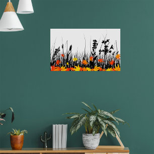 Poster Feuilles d'érable d'automne et silhouette d'herbe 