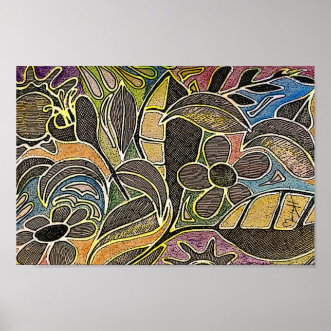 Poster Feuilles et fleurs sculptés à la main - en bleu or (Devant)