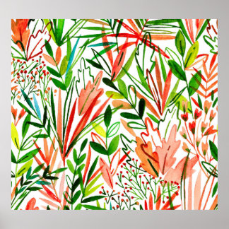 Poster Feuilles exotiques, fleurs, aquarelle de la forêt 