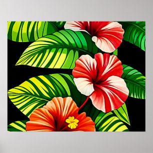 Poster Feuilles tropicales colorées et fleurs d'Hibiscus