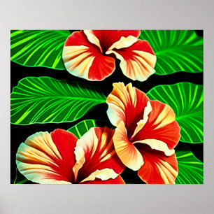 Poster Feuilles tropicaux colorés et fleurs d'Hibiscus  