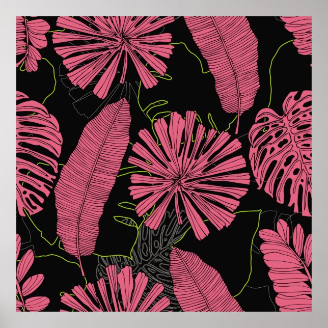 Poster Feuilles tropicaux dessinés à la main. Plante exot (Devant)