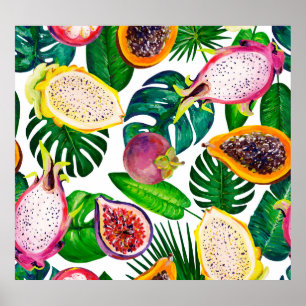 Poster Feuilles tropicaux, fruits, gouache sans couture m
