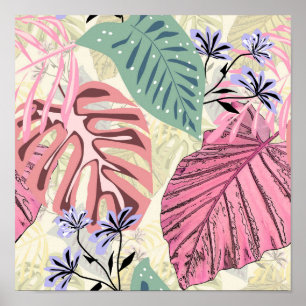 Poster Feuilles tropicaux roses et verts, fleurs bleues.